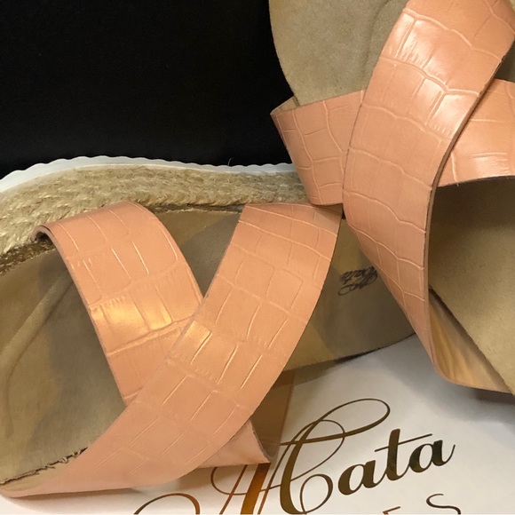 New Mata Shoes Blush Croc Embossed Criss Cross Espadrille Slip On Sandals - Picture 3 of 14